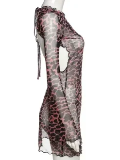 Leopard Print Dress Backless Long Sleeves Translucent Hot Night Club Wear