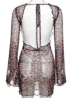 Leopard Print Dress Backless Long Sleeves Translucent Hot Night Club Wear