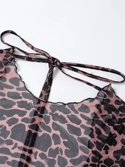 Leopard Print Dress Backless Long Sleeves Translucent Hot Night Club Wear