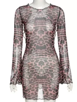 Leopard Print Dress Backless Long Sleeves Translucent Hot Night Club Wear