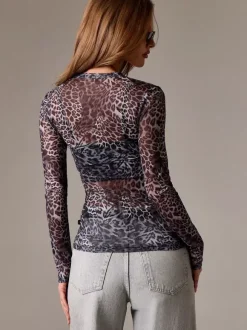 Leopard Print Long Sleeve Mesh Slim Fit Crew Neck Top For Women 2026