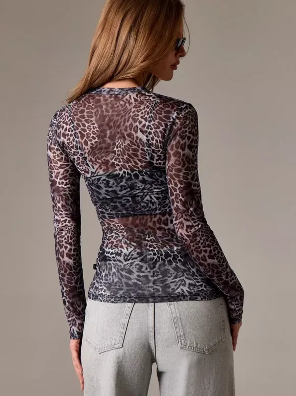 Leopard Print Long Sleeve Mesh Slim Fit Crew Neck Top For Women 2026