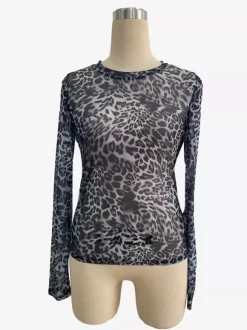 Leopard Print Long Sleeve Mesh Slim Fit Crew Neck Top For Women 2026