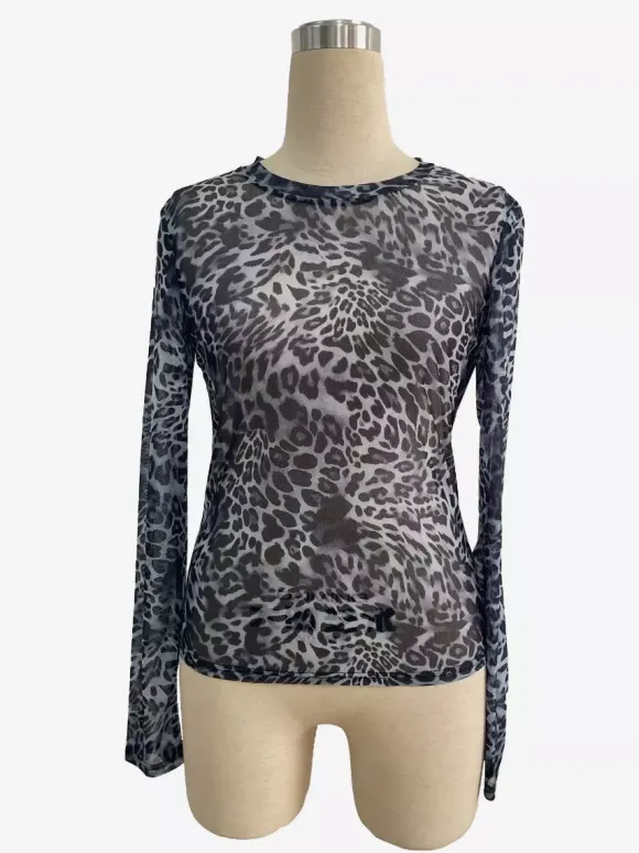 Leopard Print Long Sleeve Mesh Slim Fit Crew Neck Top For Women 2026