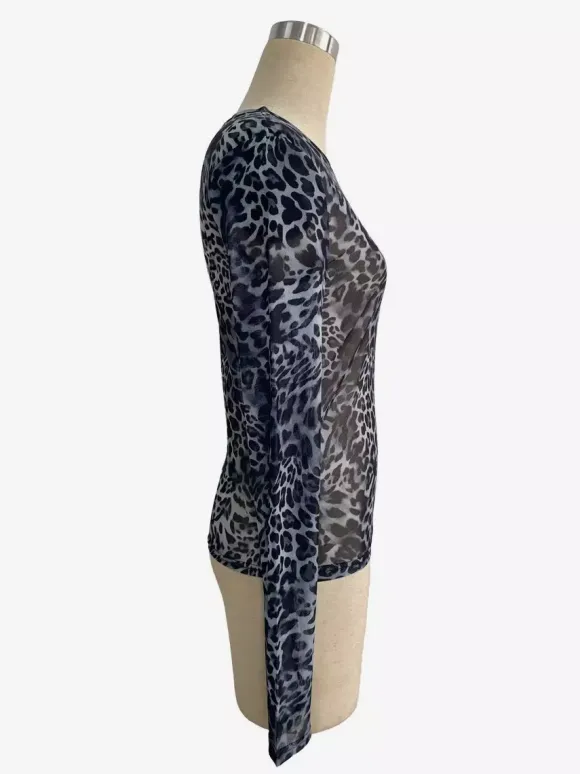 Leopard Print Long Sleeve Mesh Slim Fit Crew Neck Top For Women 2026
