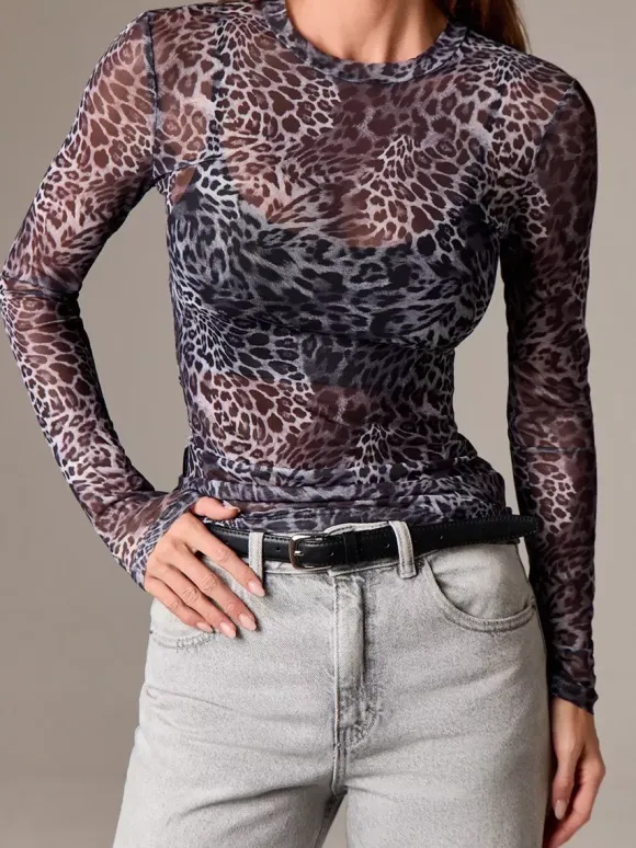Leopard Print Long Sleeve Mesh Slim Fit Crew Neck Top For Women 2026