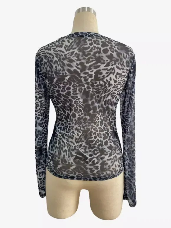 Leopard Print Long Sleeve Mesh Slim Fit Crew Neck Top For Women 2026
