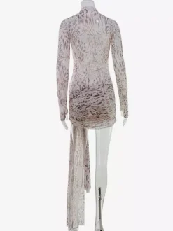 Leopard Print Mesh Mini Dress For Women - Mock Neck Long Sleeve Draped Train Bodycon - Spring Night Out Club Party 2026