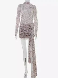Leopard Print Mesh Mini Dress For Women - Mock Neck Long Sleeve Draped Train Bodycon - Spring Night Out Club Party 2026
