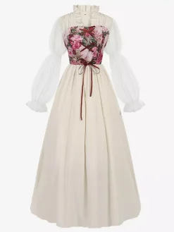 Light Apricot Retro Costumes Floral Print Dress Costume Vintage Party Prom Dress