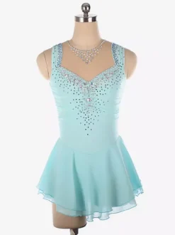 Light Blue Figure Skating Dress Beaded Neckline Polyester Dance Costumes For Women And Girl