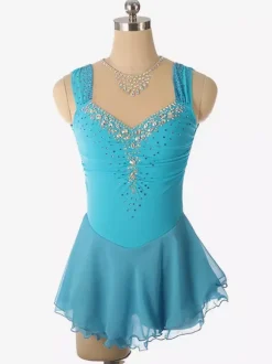 Light Blue Figure Skating Dress Beaded Neckline Polyester Dance Costumes For Women And Girl