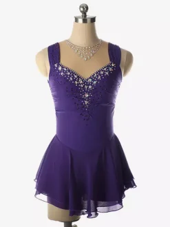 Light Blue Figure Skating Dress Beaded Neckline Polyester Dance Costumes For Women And Girl
