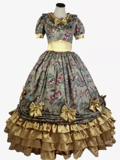 Light Brown Retro Tudor Dress Costumes Women's Floral Print Ruffles Bows Polyester Tunic Dress Marie Antoinette Costume Royal Vintage Clothing