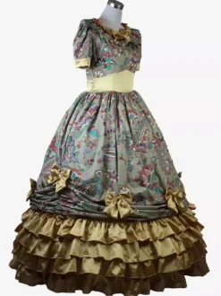 Light Brown Retro Tudor Dress Costumes Women's Floral Print Ruffles Bows Polyester Tunic Dress Marie Antoinette Costume Royal Vintage Clothing