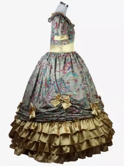 Light Brown Retro Tudor Dress Costumes Women's Floral Print Ruffles Bows Polyester Tunic Dress Marie Antoinette Costume Royal Vintage Clothing