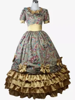 Light Brown Retro Tudor Dress Costumes Women's Floral Print Ruffles Bows Polyester Tunic Dress Marie Antoinette Costume Royal Vintage Clothing