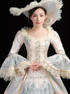 Light Green Retro Tudor Dress Costumes Lace Marie Antoinette Costume Polyester Floral Print Hat Women's Euro-Style Tunic Vintage Clothing
