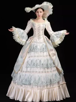 Light Green Retro Tudor Dress Costumes Lace Marie Antoinette Costume Polyester Floral Print Hat Women's Euro-Style Tunic Vintage Clothing