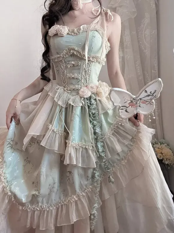 Light Green Fairy Lolita Dresses Lace Up Rose Ruffles Straps With Sleeves Lolita Tea Party Dress