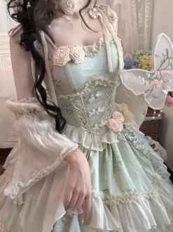 Light Green Fairy Lolita Dresses Lace Up Rose Ruffles Straps With Sleeves Lolita Tea Party Dress