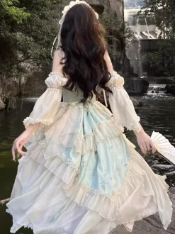 Light Green Fairy Lolita Dresses Lace Up Rose Ruffles Straps With Sleeves Lolita Tea Party Dress