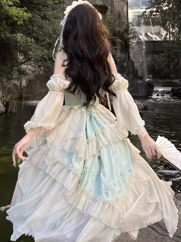 Light Green Fairy Lolita Dresses Lace Up Rose Ruffles Straps With Sleeves Lolita Tea Party Dress