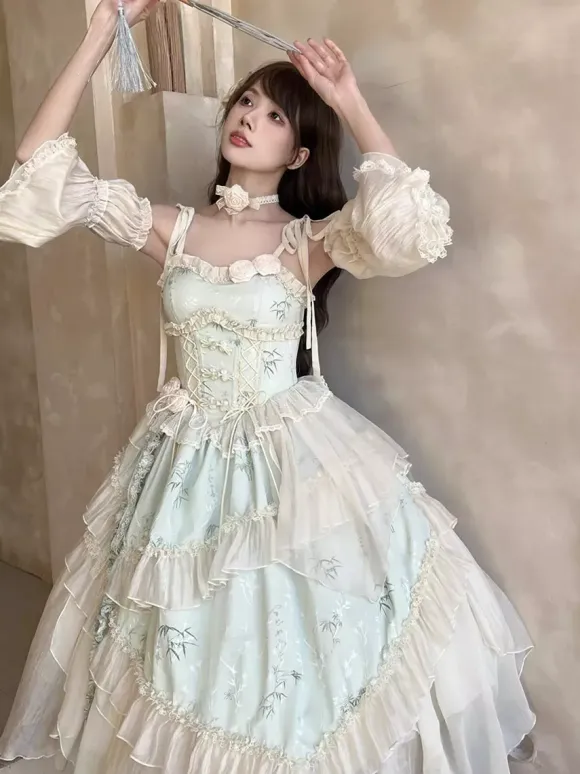 Light Green Fairy Lolita Dresses Lace Up Rose Ruffles Straps With Sleeves Lolita Tea Party Dress