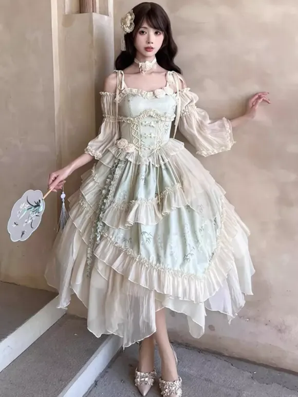 Light Green Fairy Lolita Dresses Lace Up Rose Ruffles Straps With Sleeves Lolita Tea Party Dress