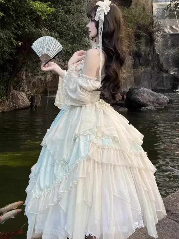 Light Green Fairy Lolita Dresses Lace Up Rose Ruffles Straps With Sleeves Lolita Tea Party Dress