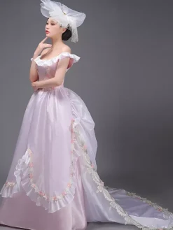 Light Pink Retro Tudor Dress Costumes Flowers Polyester Hat Women's Western Marie Antoinette Costume Vintage Clothing