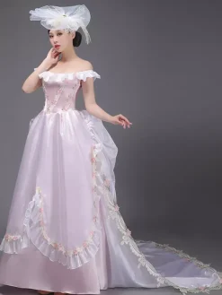Light Pink Retro Tudor Dress Costumes Flowers Polyester Hat Women's Western Marie Antoinette Costume Vintage Clothing
