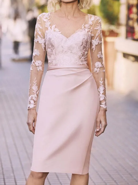 Light Pink Party Dress For Mother Of The Bride V-Neck Long Sleeves Sheath Lace Wedding Guest Dresses Free Customization
