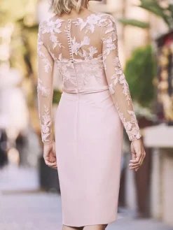 Light Pink Party Dress For Mother Of The Bride V-Neck Long Sleeves Sheath Lace Wedding Guest Dresses Free Customization