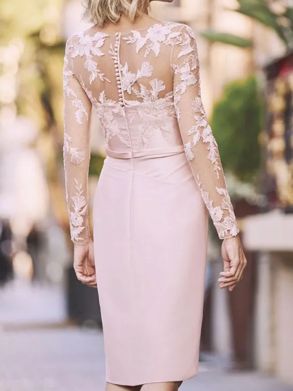 Light Pink Party Dress For Mother Of The Bride V-Neck Long Sleeves Sheath Lace Wedding Guest Dresses Free Customization