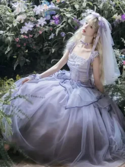 Light Purple Fairy Lolita Dresses Lace Up Ruffles Sleeveless Wedding Lolita Dress