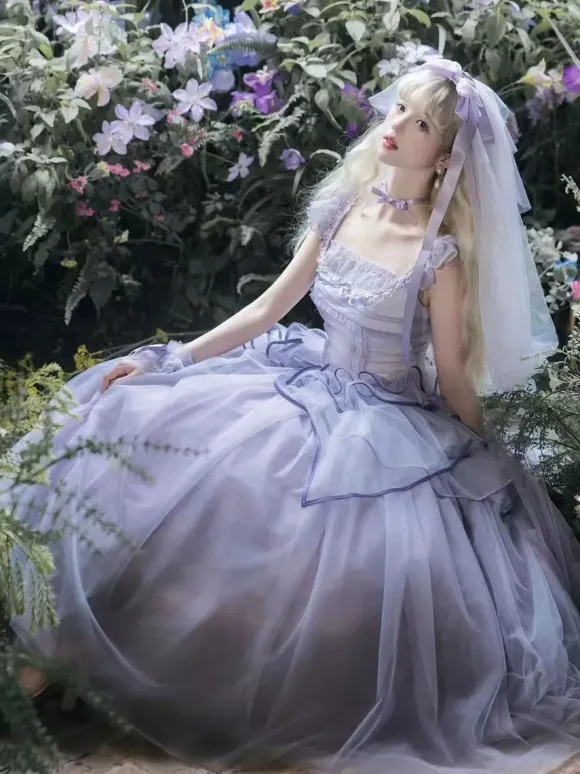Light Purple Fairy Lolita Dresses Lace Up Ruffles Sleeveless Wedding Lolita Dress