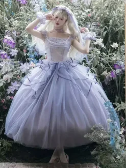Light Purple Fairy Lolita Dresses Lace Up Ruffles Sleeveless Wedding Lolita Dress