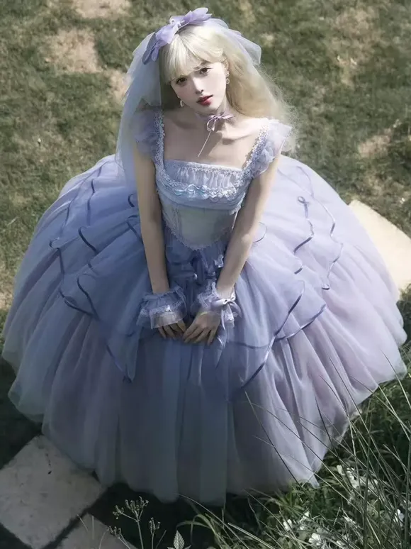 Light Purple Fairy Lolita Dresses Lace Up Ruffles Sleeveless Wedding Lolita Dress