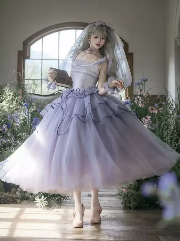 Light Purple Fairy Lolita Dresses Lace Up Ruffles Sleeveless Wedding Lolita Dress