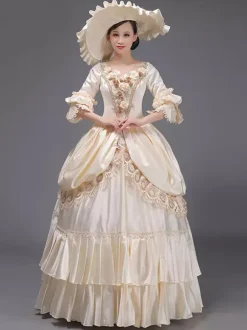 Light Sky Blue Retro Tudor Dress Costumes Lace Polyester Hat Women's Marie Antoinette Costume Royal Tunic Masquerade Ball Gown