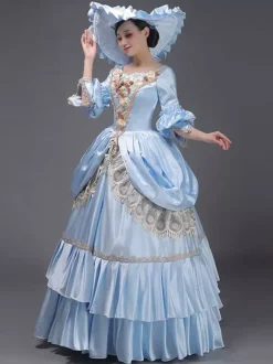 Light Sky Blue Retro Tudor Dress Costumes Lace Polyester Hat Women's Marie Antoinette Costume Royal Tunic Masquerade Ball Gown