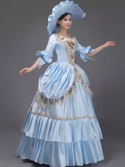 Light Sky Blue Retro Tudor Dress Costumes Lace Polyester Hat Women's Marie Antoinette Costume Royal Tunic Masquerade Ball Gown