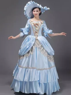 Light Sky Blue Retro Tudor Dress Costumes Lace Polyester Hat Women's Marie Antoinette Costume Royal Tunic Masquerade Ball Gown