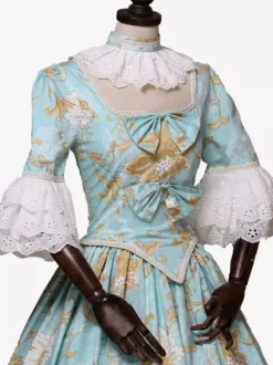 Light Sky Blue Retro Tudor Dress Costumes Bows Polyester Floral Print Dress Women's Marie Antoinette Costume Royal Tunic Masquerade Ball Gown