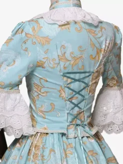 Light Sky Blue Retro Tudor Dress Costumes Bows Polyester Floral Print Dress Women's Marie Antoinette Costume Royal Tunic Masquerade Ball Gown