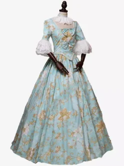 Light Sky Blue Retro Tudor Dress Costumes Bows Polyester Floral Print Dress Women's Marie Antoinette Costume Royal Tunic Masquerade Ball Gown