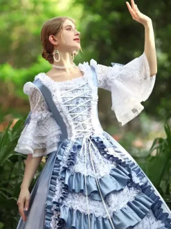 Light Sky Blue Retro Tudor Dress Costumes Women's Ruffles Polyester Marie Antoinette Costume Dress Euro-Style Vintage Clothing