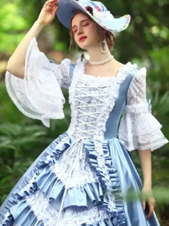 Light Sky Blue Retro Tudor Dress Costumes Women's Ruffles Polyester Marie Antoinette Costume Dress Euro-Style Vintage Clothing