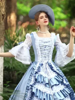 Light Sky Blue Retro Tudor Dress Costumes Women's Ruffles Polyester Marie Antoinette Costume Dress Euro-Style Vintage Clothing